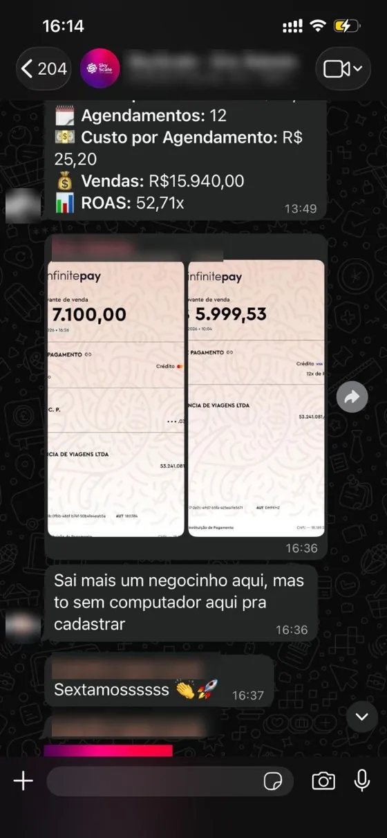 Print de WhatsApp com resultado: 12 agendamentos e R$15.940 em vendas