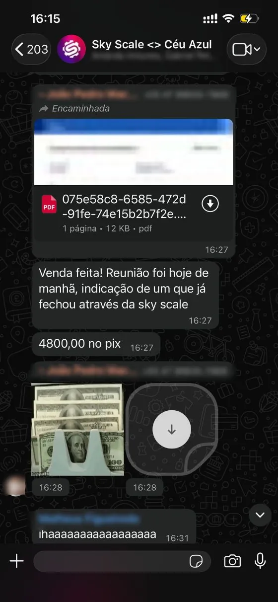 Print de WhatsApp com venda fechada após reunião